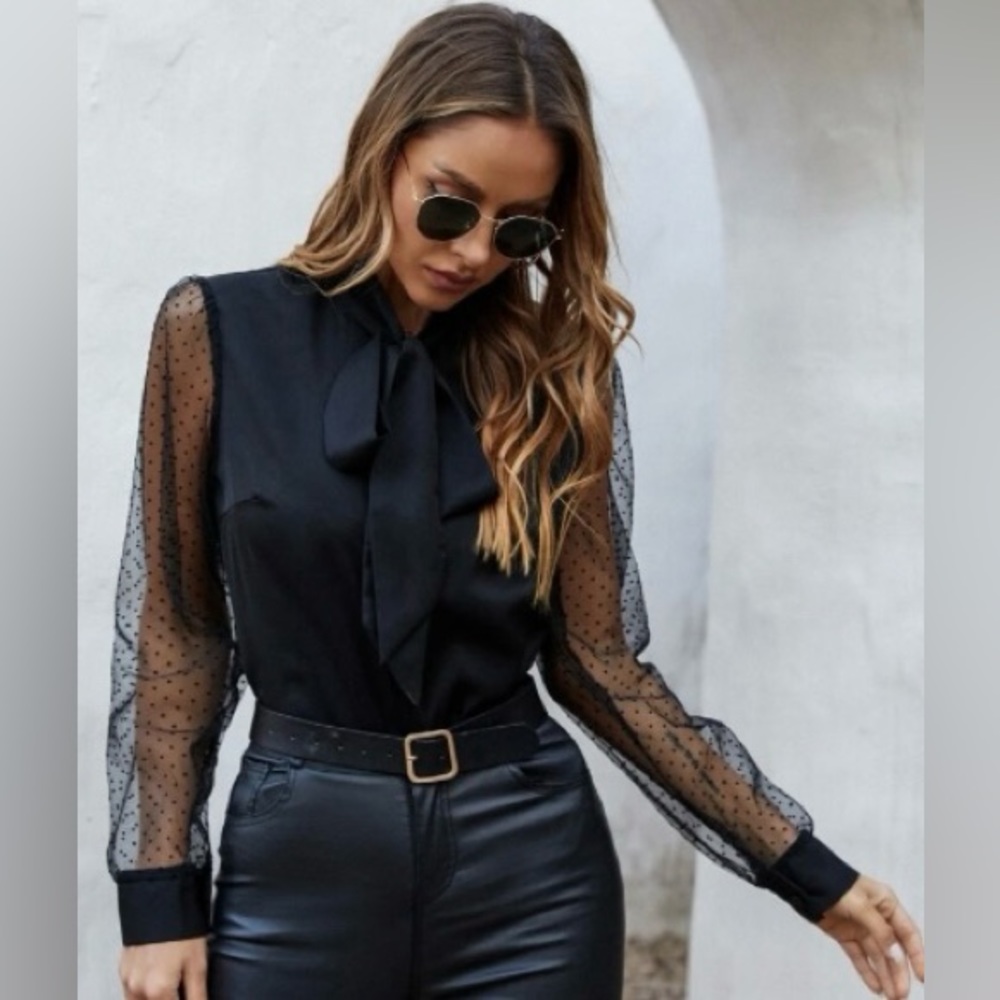 Black Mesh Tie Neck Top Button Down